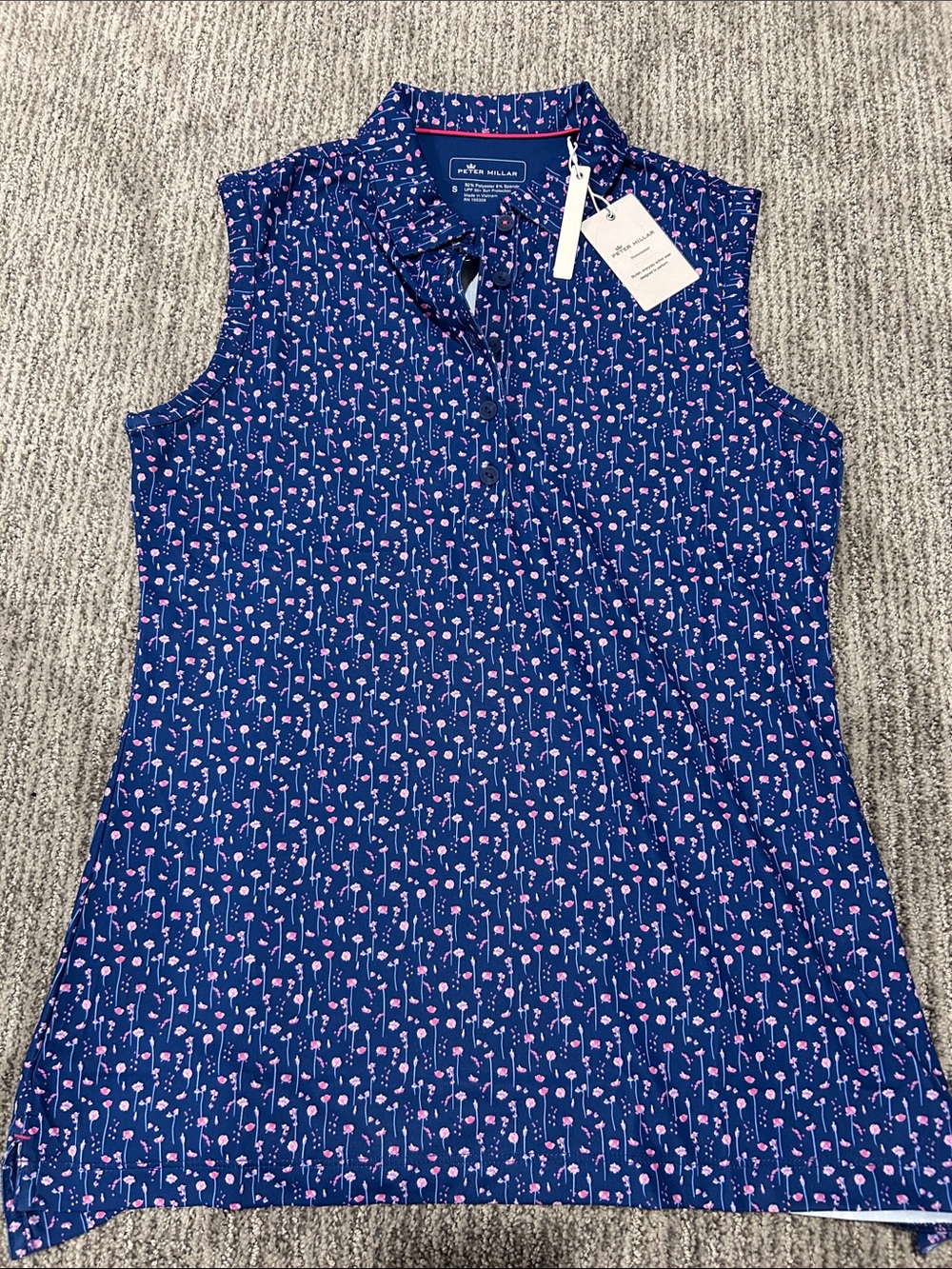 Peter Millar Navy Floral Sleeveless button sleeveless polo